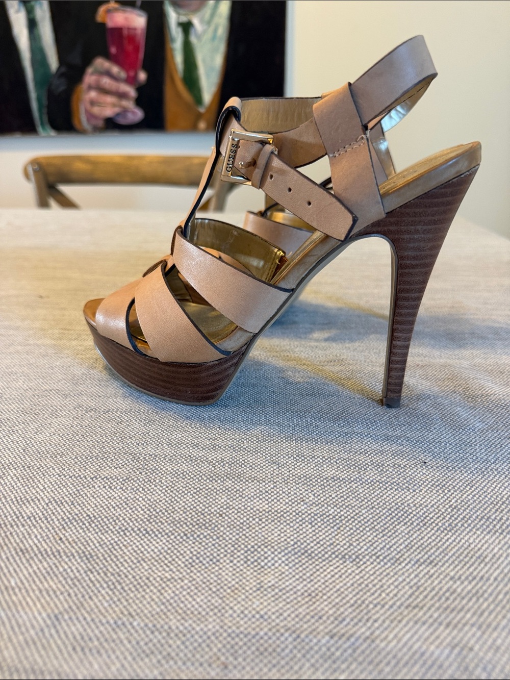 Guess Nude Tan Strappy Platform High Heel Sandal